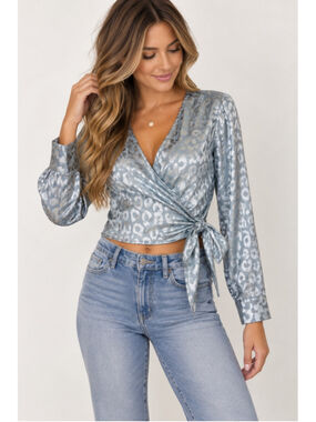 Something New Metallic Wrap Tie Top - Size XS silver/blue Shinny Stylish cropped